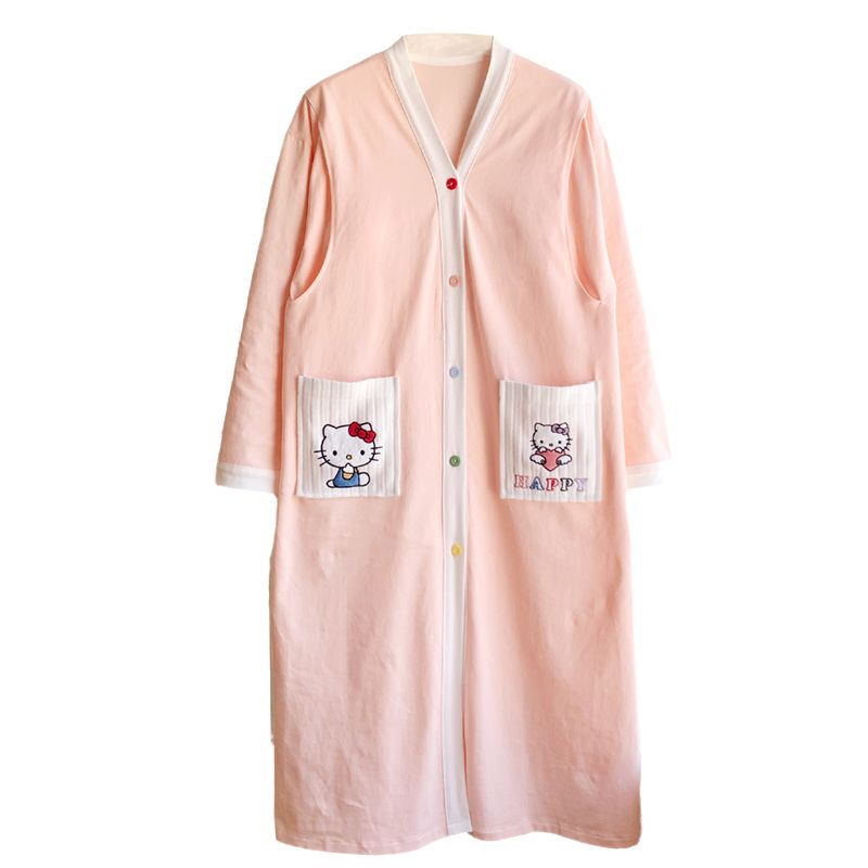 春夏孕妇睡裙长袖开衫带固定胸垫哺乳宽松纯色可爱月子服家居睡裙