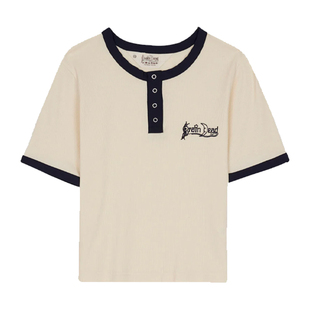 Brain Dead 脑逝Ribbed Henley 领刺绣短袖T恤 罗纹亨利领上衣 女