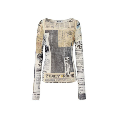 美式复古报纸印花网纱显瘦T恤