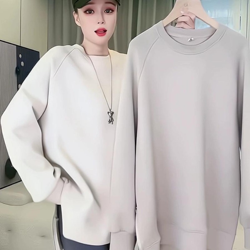 欧货大版春秋款2025新款卫衣女装白色加绒宽松中长款遮臀时尚上衣
