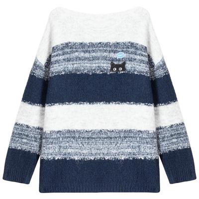 KEIKO 松弛感撞色条纹圆领毛衣25秋冬慵懒韩系宽松软糯绣花针织衫