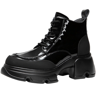 千百度粗高跟马丁靴女2025冬季新款加绒保暖增高漆皮洋气小短靴子