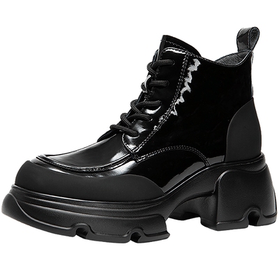 千百度粗高跟马丁靴女2025冬季新款加绒保暖增高漆皮洋气小短靴子