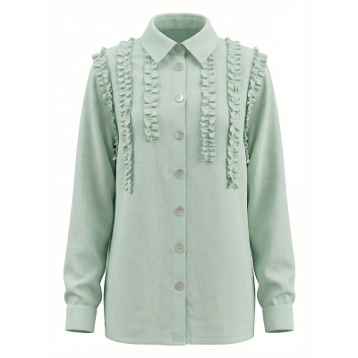 HSUSE天丝麻贝壳扣荷叶边衬衫