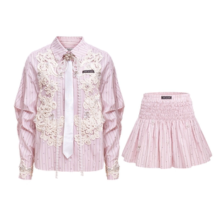 【周深同款】4MILE BY KSMILE 条纹重工盘绳蕾丝钉珠衬衫套装