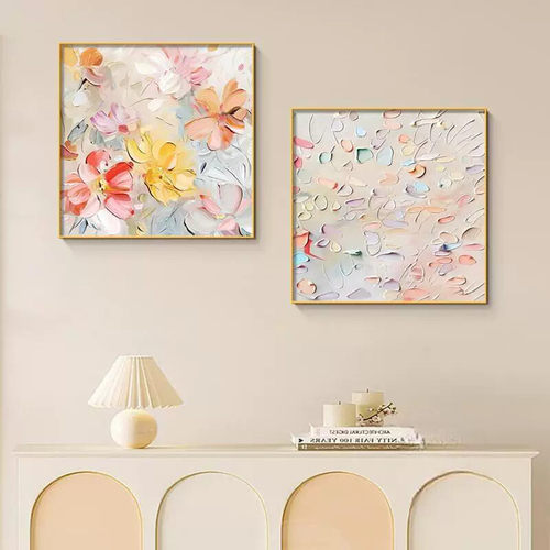 花卉治愈系餐厅装饰画淡奶油风温馨饭厅餐桌挂画简约方形客厅壁画