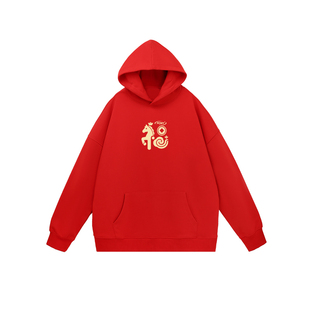 PCMY马上有钱秋冬重磅红色新年连帽卫衣外套男2026马年本命年衣服