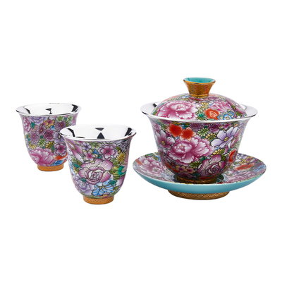 顺钦银楼珐琅彩盖碗茶具三件套