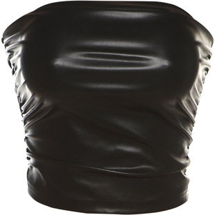 KLIOU 又酷又飒炸街个性黑色PU皮抹胸背心女褶皱修身显瘦辣妹上衣