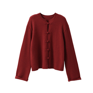 【到手399元】别致圆领针织开衫国风羊毛毛衣外套红色粉色上衣女
