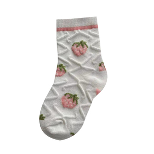 女童袜子春秋纯棉草莓花边中筒袜小女孩宝宝可爱日系白色jk公主袜