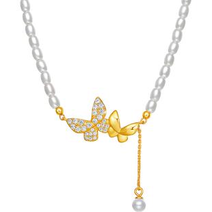 周六福珍珠项链女贝珠蝴蝶结链坠S925银黄金色复古新年礼物送女友