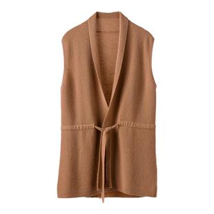 2024早秋新款无袖开衫100%纯山羊绒中长款系带毛衣外套坎肩马甲女