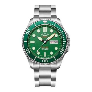 英国ROTARY劳特莱绿水鬼潜水腕表男士钢带机械手表送男友新年礼物