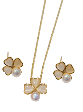 《月光花露》春夏清新少女猫眼石花朵马贝珍珠项链锁骨链耳钉耳环