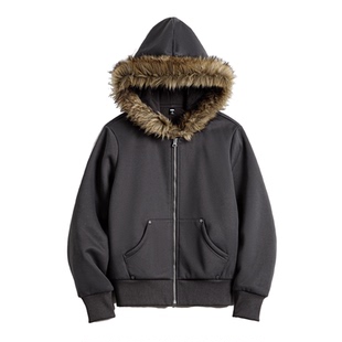 马登美式灰色摇粒绒保暖毛领拉链开衫连帽加厚卫衣外套上衣女秋冬