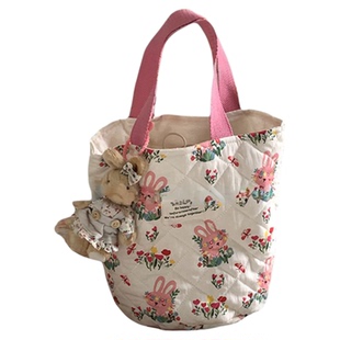 thefifthmoon可爱小兔子绗缝棉布撞色手拎包抽绳水桶包妈咪包