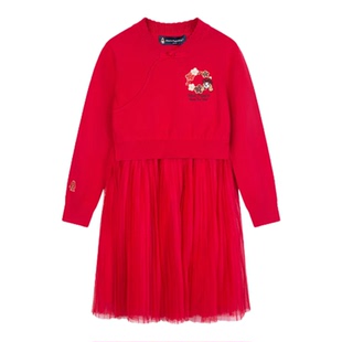 暇步士童装女童连衣裙新年装25秋冬新品中大童裙子拜年服儿童裙子