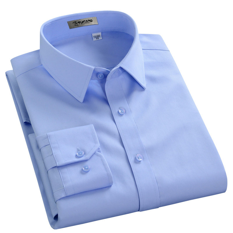 啄木鸟纯棉DP免烫长袖衬衫男士春季新款商务休闲正装职业蓝白衬衣