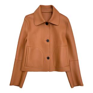 茉萱进口短款绵羊皮真皮外套日韩方领小个子皮衣女白色夹克显高