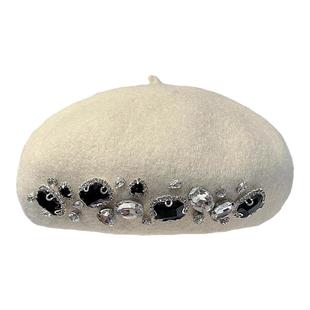 高级羊毛画家帽子女明星同款时尚水钻贝雷帽韩版优雅显脸小蓓蕾帽