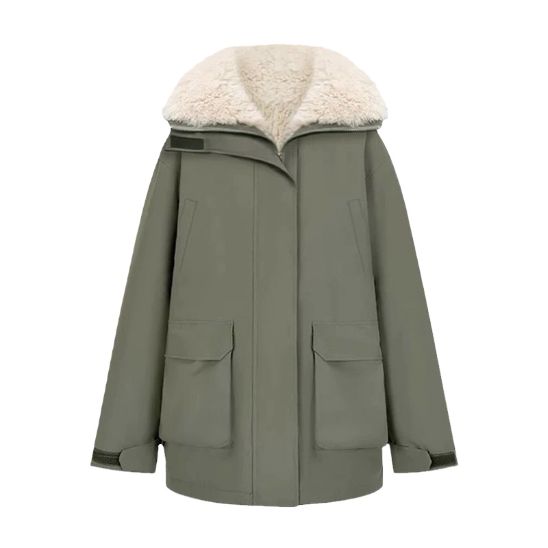 赵露思同款绿色工装羊羔毛皮草外套女小个子加厚保暖派克服冲锋衣