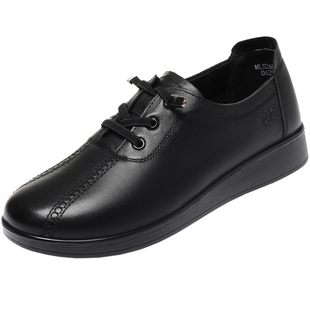 木林森女鞋真皮新款休闲皮鞋女士舒适软底平底防滑中老年妈妈鞋子