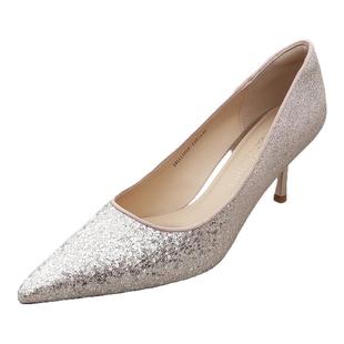 戈美其春秋新款格利特亮片细跟单鞋气质浅口香槟色女鞋尖头高跟鞋