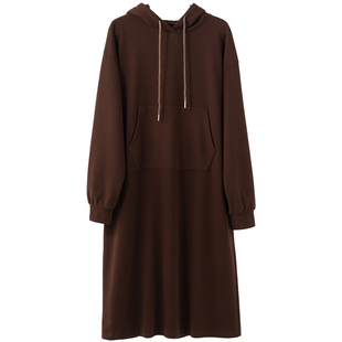 连帽加绒卫衣连衣裙女士长袖酒红色秋冬运动休闲过膝长款打底外穿