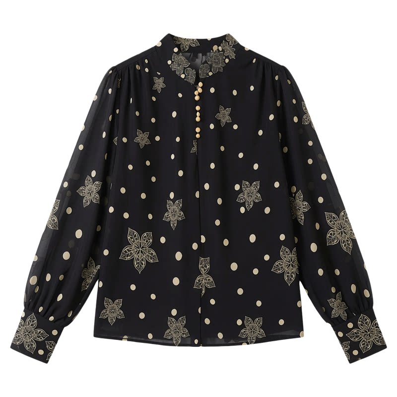 夏日印花女衬衫新款波点印花立领宽松长袖衬衫洋气百搭女款上衣