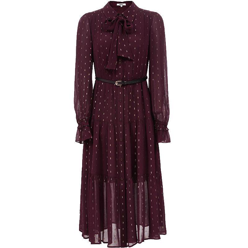 ONLY优雅飘带中长款长袖连衣裙