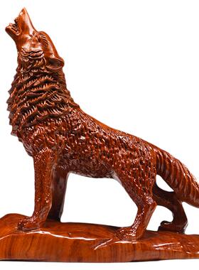 花梨木雕狼摆件实木狼狗望月领头