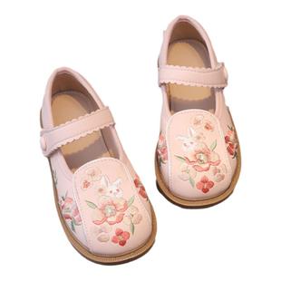 儿童汉服绣花鞋子魔术贴新中式国风鞋古装防水女童汉元素小孩皮鞋
