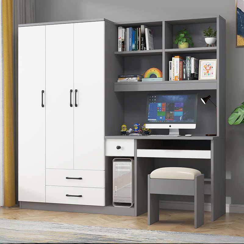 电脑桌带衣柜简约台式卧室组合书架学生写字台一体连体书桌柜儿童