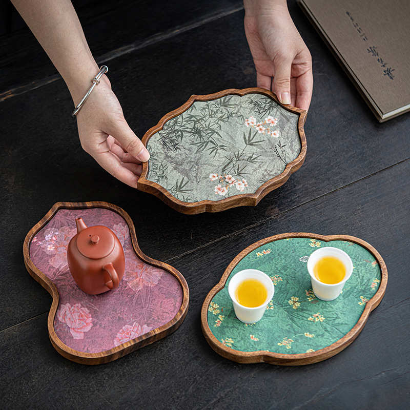 中式葫芦胡桃木织锦壶承小干泡盘高级防水茶壶壶垫家用茶具茶桌盘
