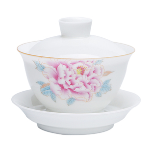 景德镇官方陶瓷手绘粉彩三才盖碗泡茶专用功夫茶具茶碗单个高档