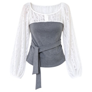RouRou大码女装法式假两件蕾丝拼接绑带收腰上衣胖mm甜美风秋上新