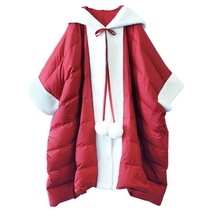 【一骑红尘】复古红国风加厚羽绒服女冬季宽松白鸭绒连帽斗篷外套