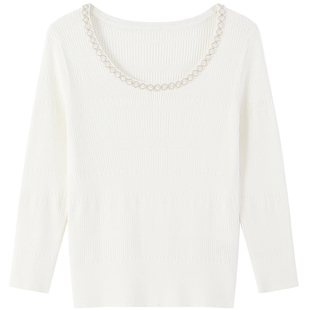 LANDI蓝地白色钉珠装饰大U型领修身套头针织衫女七分袖小衫春新品