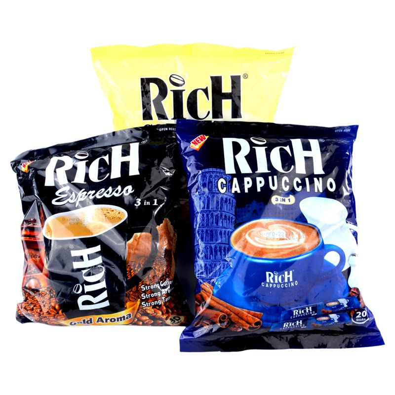 泰国缅甸正品Rich卡布奇诺拿铁奶香特浓咖啡蓝黑红黄色包加班