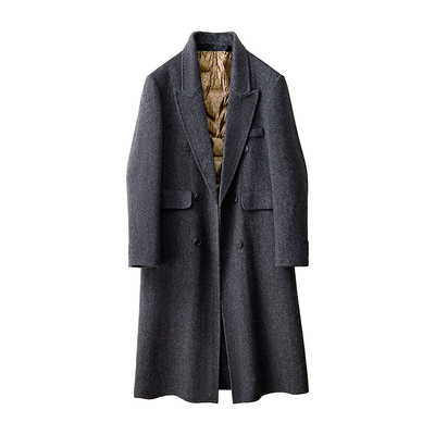 羊毛羽绒内胆过膝长款男大衣垫肩