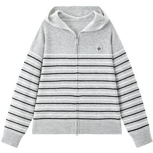 【商场同款】乐町撞色条纹针织开衫冬新款连帽宽松外套C2EDF4271