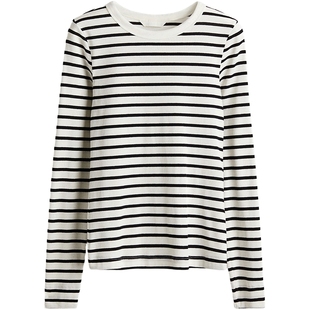 HM女装T恤冬季打底衫简约条纹修身显瘦圆领长袖柔软上衣1203084