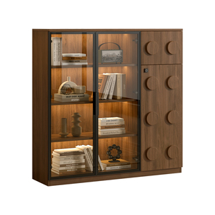 中古风书柜储物柜一体玻璃门书架客厅靠墙展示柜书房书橱定制F116