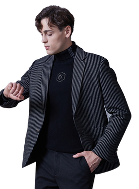 古鲨黑白条纹夹棉冰丝西服
