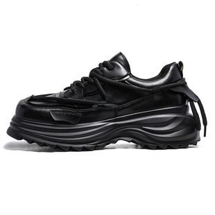 小众方头男士厚底增高鞋子老爹鞋情侣款小众绑带休闲德比黑色皮鞋