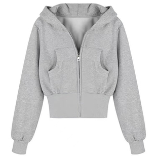 春季外套灰色短款卫衣女款2026新款春装韩系修身收腰连帽上衣穿搭