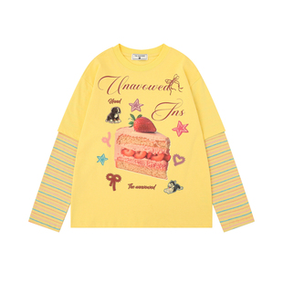 SIXMINU 童趣风撞色假两件长袖t恤男女趣味印花圆领上衣条纹拼接t