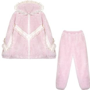 Bananagirl睡衣女新款冬季加厚珊瑚绒连帽家居服保暖套装可外穿女