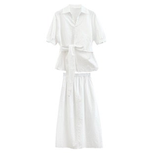 YH2.Chennnnn随性设计感收腰绑带亚麻衬衫+半身裙长裙两件套装夏